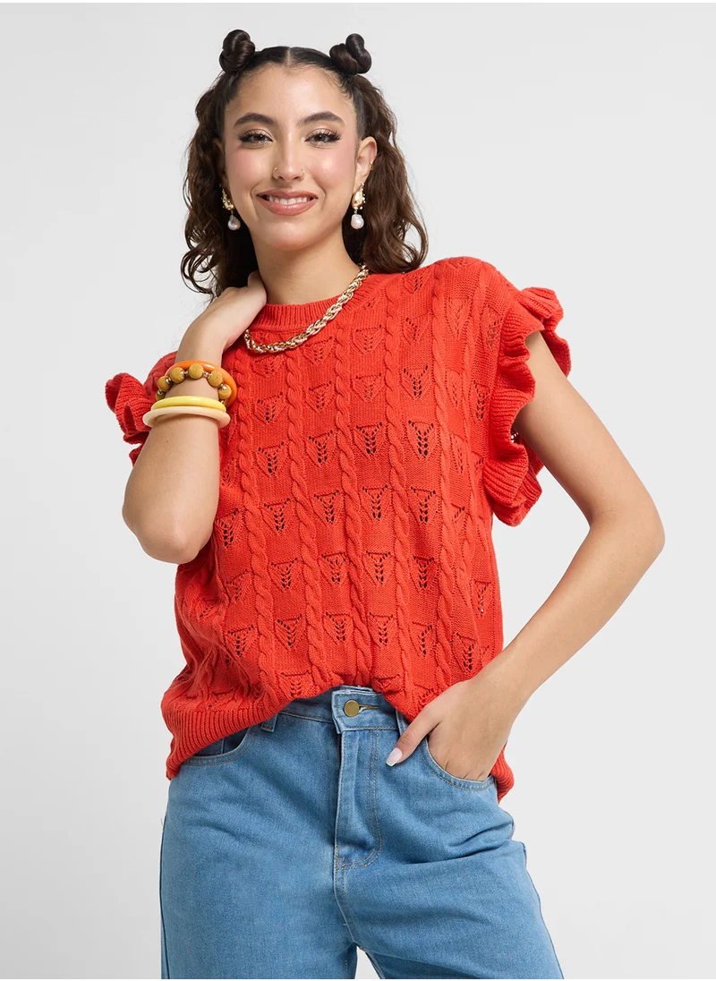 جينجر Cable Knit Sweater With Ruffle Sleeves