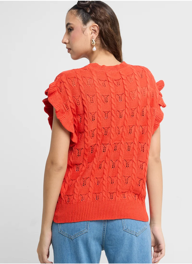 جينجر Cable Knit Sweater With Ruffle Sleeves