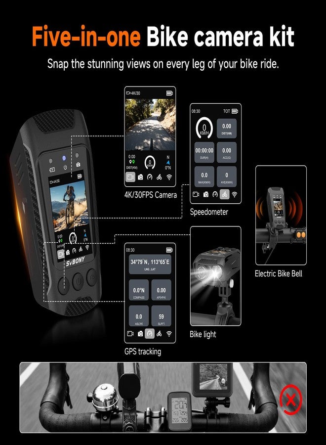SVBONY Bike Camera with Smart Display, 4K60fps Action Camera with GPS Tracker, Cycling Speedometer/Odometer, Anti-Shake, Bike Lights, Bell, Waterproof, Bike Computer with APP Support (Without TF Card - Image 2