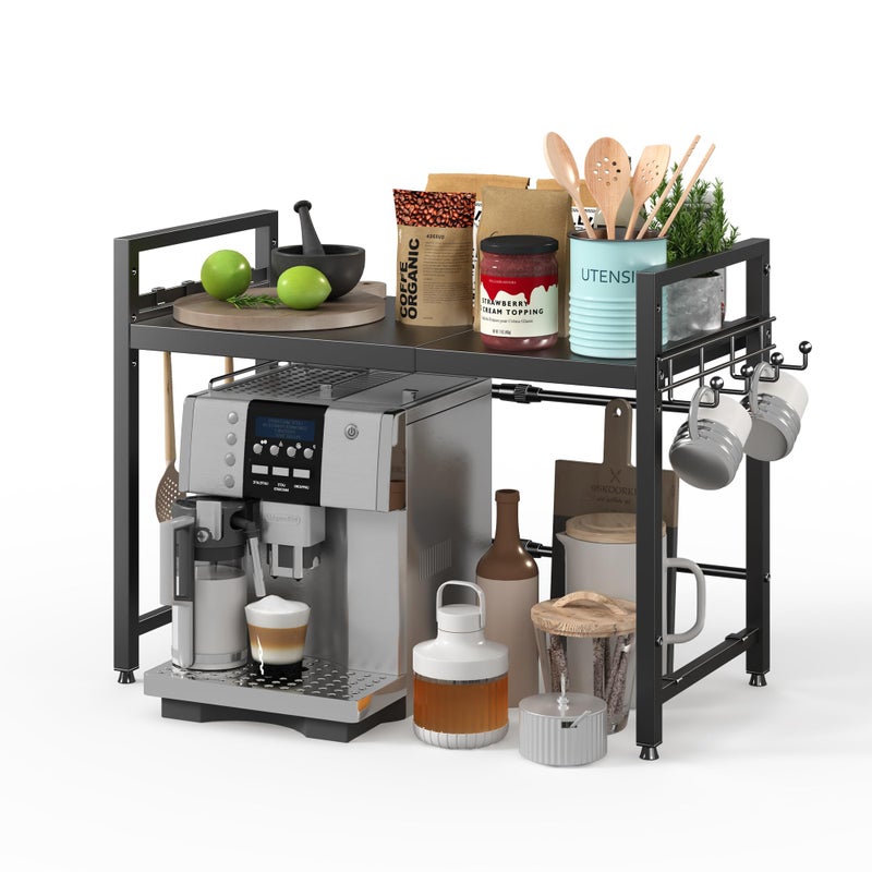 NETEL Extendable Microwave Oven Rack, 2 Tier Metal Microwave Shelf/Microwave Stand/Toaster Shelf/Kitchen Counter Organizer, Adjustable and Space Saving, 55Lbs Weight Capacity, with 4 Hooks, Black