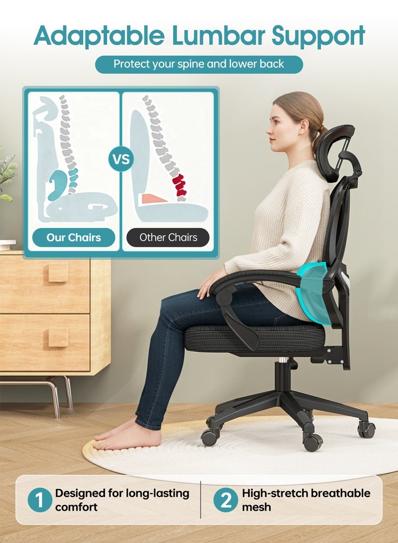 هافرتيس كرسي مكتب مريح، كرسي مكتب منزلي مع مسند ذراع متصل، كرسي كمبيوتر، كرسي ألعاب شبكي مع دعم قطني - Image 5