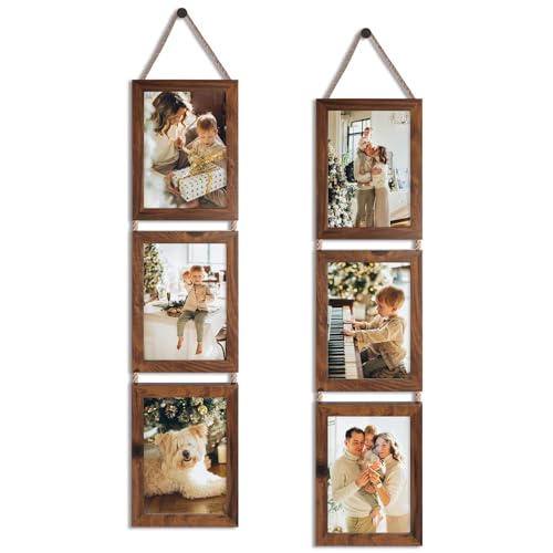 QUTREY 5x7 Collage Picture Frames, 6 Openings Hanging Photo Frame Set Display Vertical 5 by 7 inch Pictures for Wall Decor, Rustic Walnut Brown, 2 Pack - Image 1