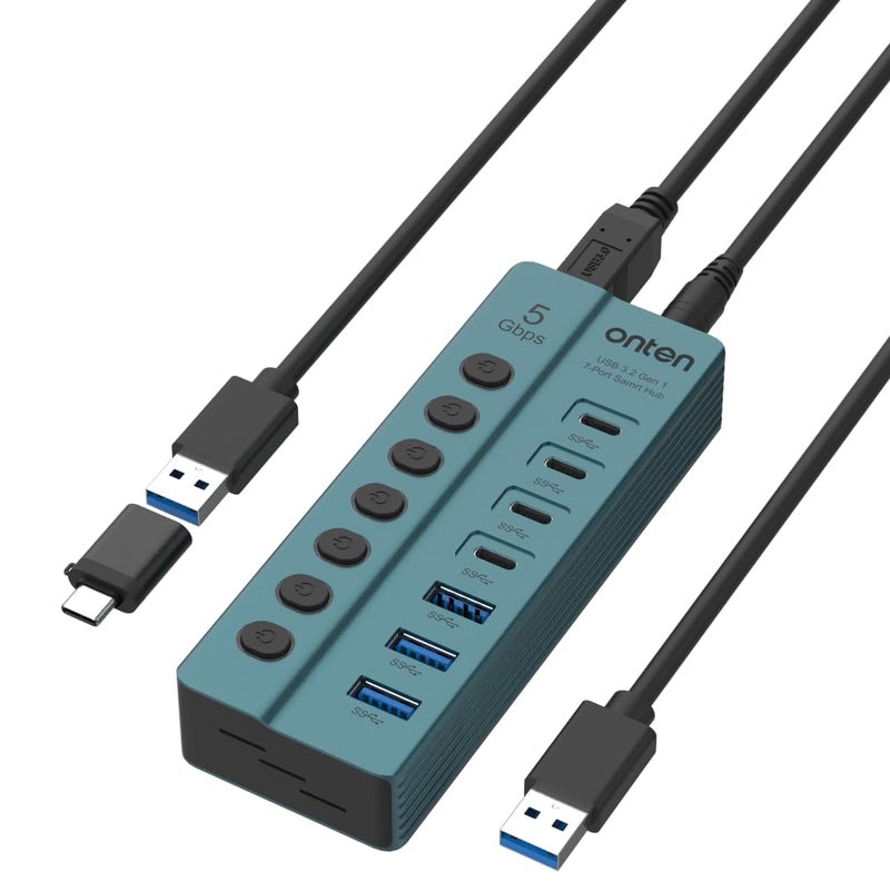 onten أونتن OTN - 5317S محور USB 3.0 بسبعة منافذ، نقل بيانات عالي السرعة 5Gbps، مفاتيح مستقلة، توافق واسع مع اللابتوب، الباد، الهاتف، وحدة التحكم في الألعاب - Image 1