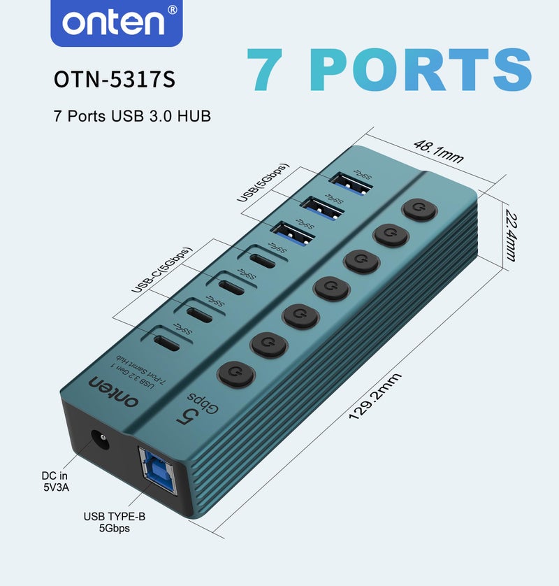 onten أونتن OTN - 5317S محور USB 3.0 بسبعة منافذ، نقل بيانات عالي السرعة 5Gbps، مفاتيح مستقلة، توافق واسع مع اللابتوب، الباد، الهاتف، وحدة التحكم في الألعاب - Image 5