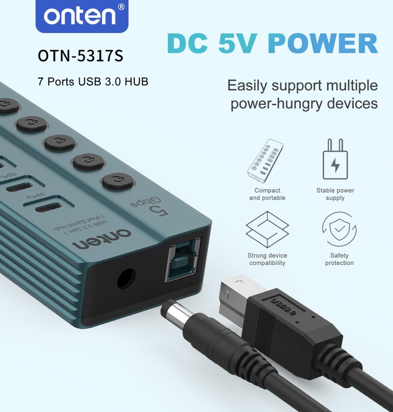 onten أونتن OTN - 5317S محور USB 3.0 بسبعة منافذ، نقل بيانات عالي السرعة 5Gbps، مفاتيح مستقلة، توافق واسع مع اللابتوب، الباد، الهاتف، وحدة التحكم في الألعاب - Image 2