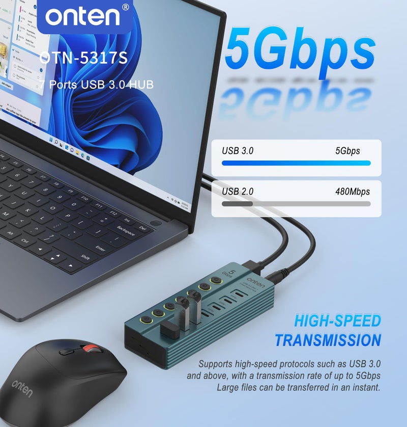 onten أونتن OTN - 5317S محور USB 3.0 بسبعة منافذ، نقل بيانات عالي السرعة 5Gbps، مفاتيح مستقلة، توافق واسع مع اللابتوب، الباد، الهاتف، وحدة التحكم في الألعاب - Image 3
