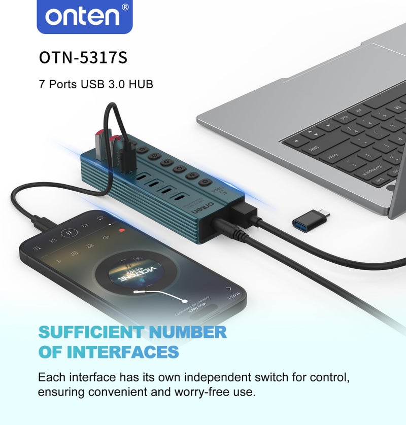 onten أونتن OTN - 5317S محور USB 3.0 بسبعة منافذ، نقل بيانات عالي السرعة 5Gbps، مفاتيح مستقلة، توافق واسع مع اللابتوب، الباد، الهاتف، وحدة التحكم في الألعاب - Image 4