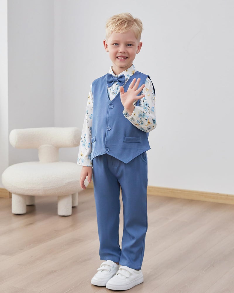 WESIDOM Toddler Dresses Suit Baby Boy Clothes Set Bowtie Shirts+Pants+Vest+Boutonniere Kids Gentleman Wedding Outfit(Blue+2-3T) - Image 3
