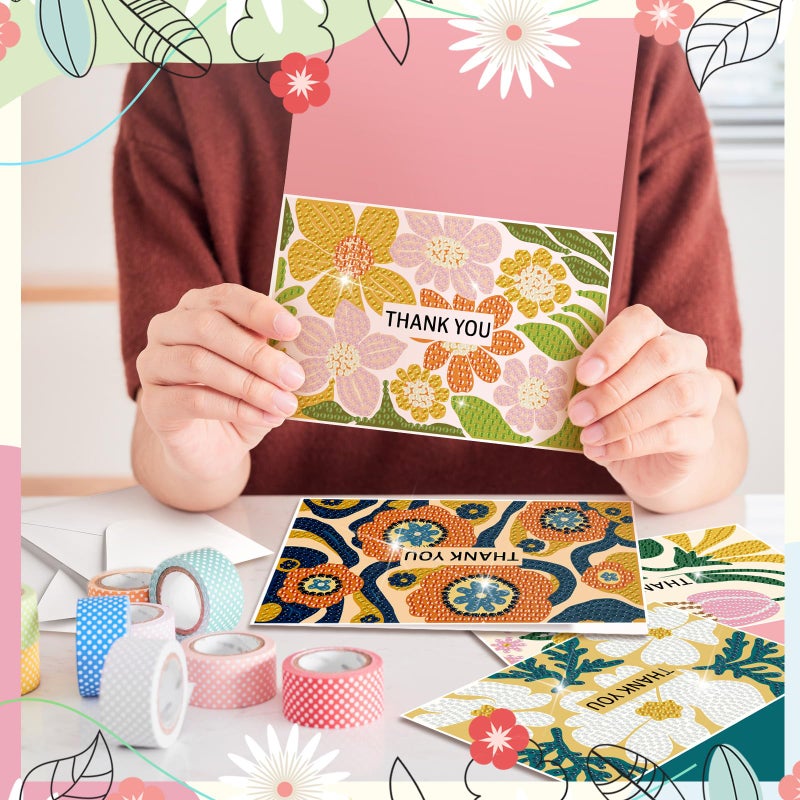 Saillong 12 Pack Flower Thank You Diamond Painting Greeting Card Kits DIY Spring Diamond Art Cards with Envelopes Floral 5D Rhinestones Painting Making Kits for Adults DIY Craft Family Birthday Gifts - Image 3