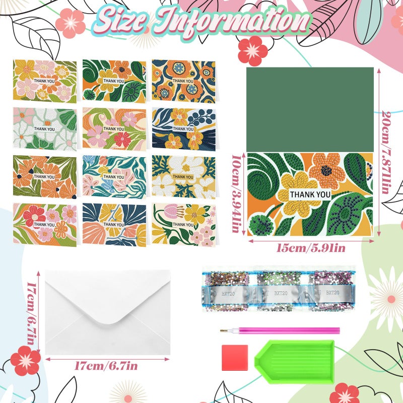 Saillong 12 Pack Flower Thank You Diamond Painting Greeting Card Kits DIY Spring Diamond Art Cards with Envelopes Floral 5D Rhinestones Painting Making Kits for Adults DIY Craft Family Birthday Gifts - Image 4