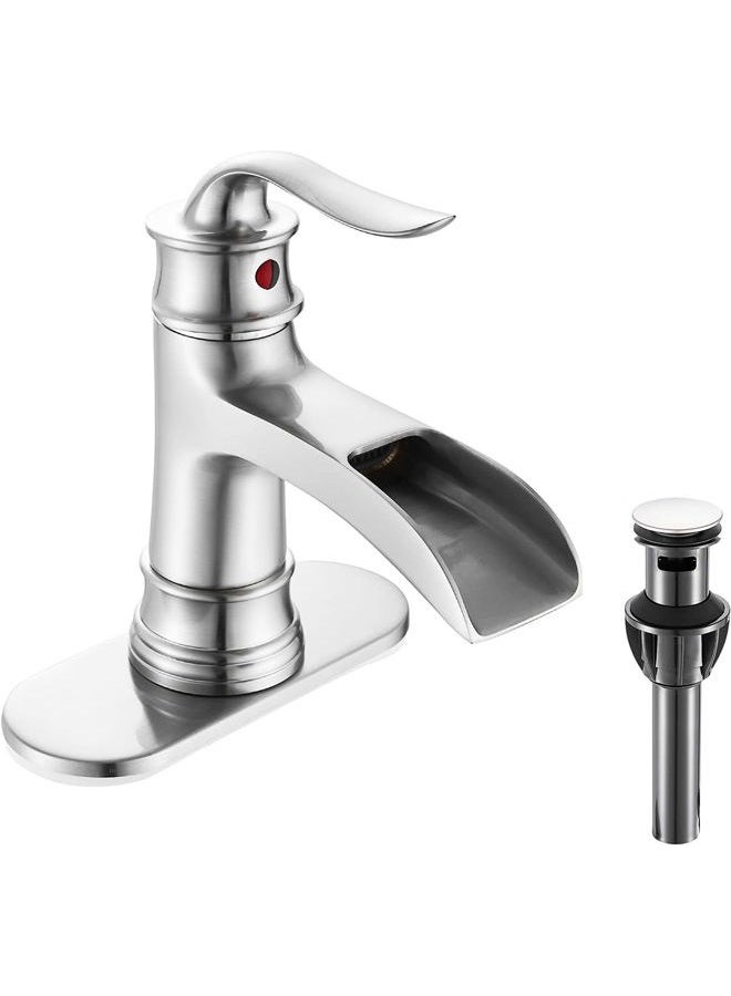 FRANSITON Waterfall Faucet Bathroom Faucet Tap Single Handle One Hole Brushed Nickel Finish Large Spout Lavatory Faucets Waterfall Faucet (Brushed Nickel) - Image 1