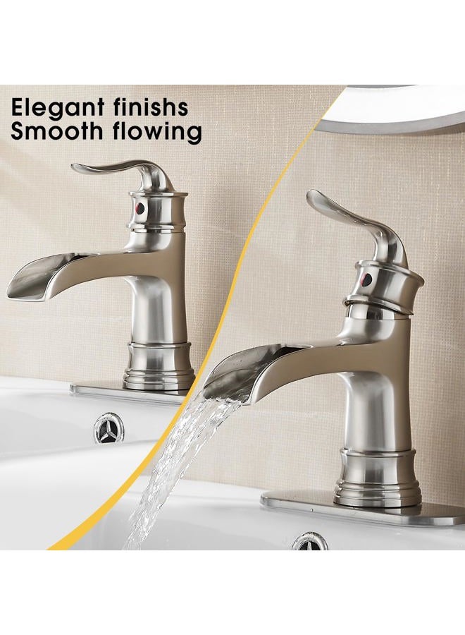 FRANSITON Waterfall Faucet Bathroom Faucet Tap Single Handle One Hole Brushed Nickel Finish Large Spout Lavatory Faucets Waterfall Faucet (Brushed Nickel) - Image 5