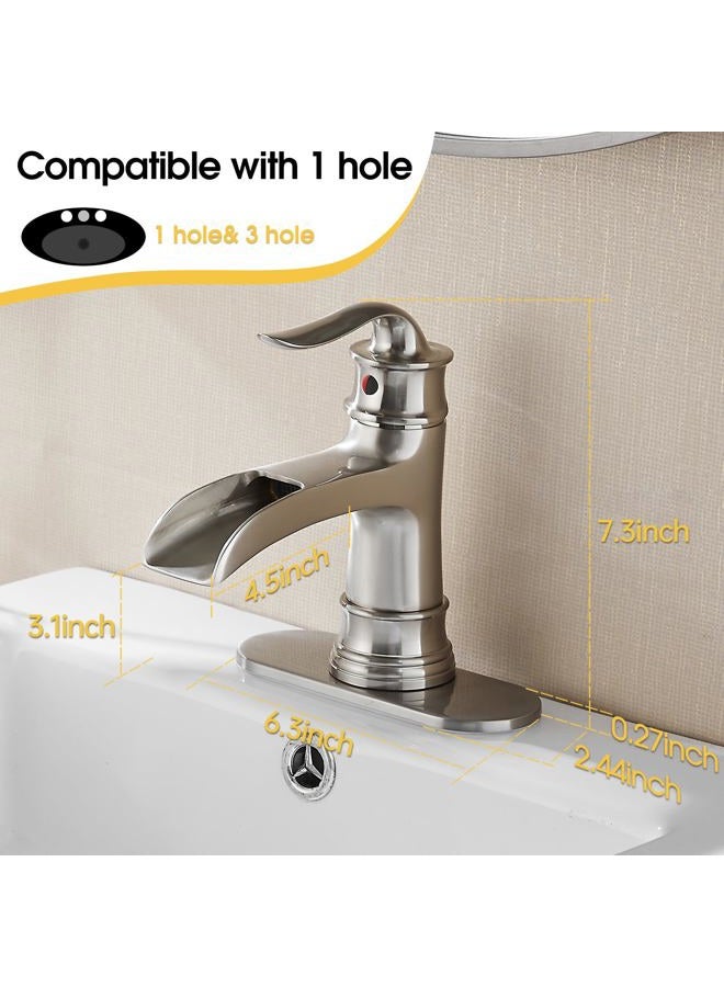FRANSITON Waterfall Faucet Bathroom Faucet Tap Single Handle One Hole Brushed Nickel Finish Large Spout Lavatory Faucets Waterfall Faucet (Brushed Nickel) - Image 2