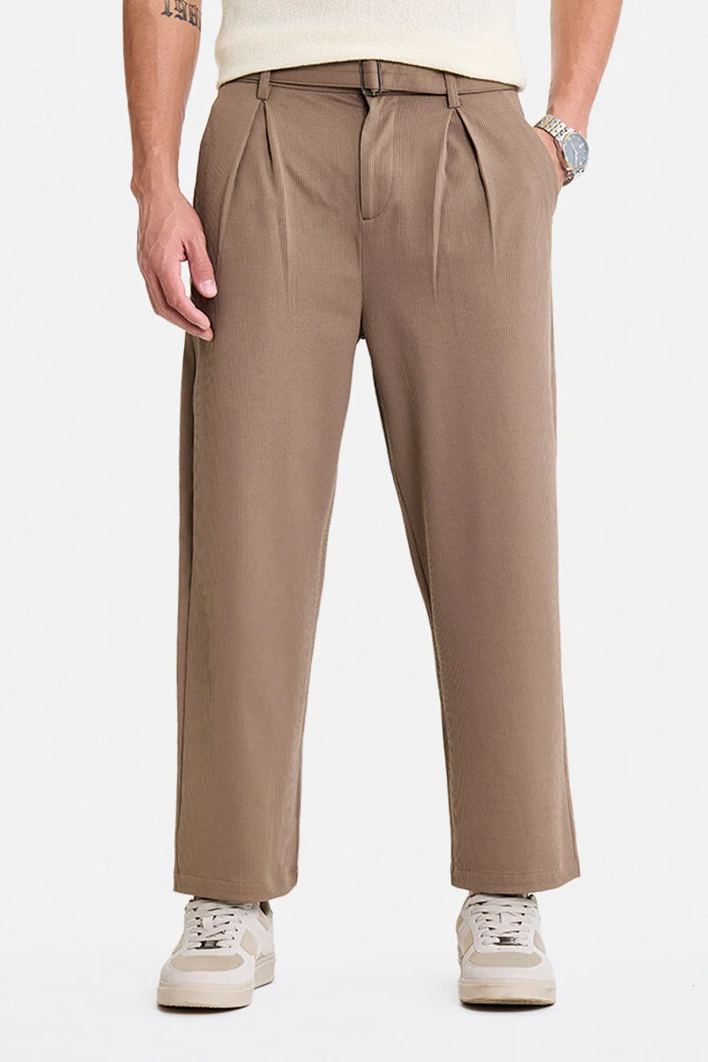 سنيتش Brown Ribbed Wide Leg Casual Trousers