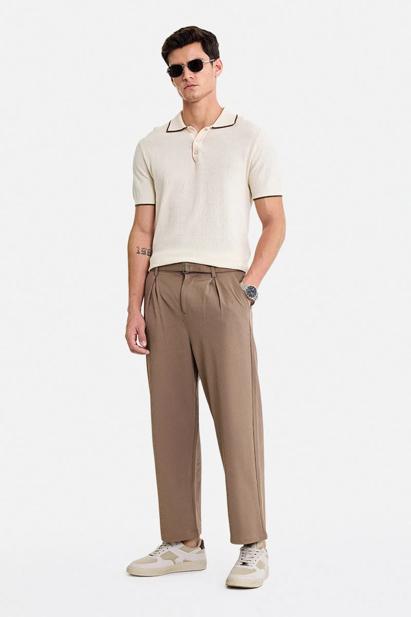 سنيتش Brown Ribbed Wide Leg Casual Trousers