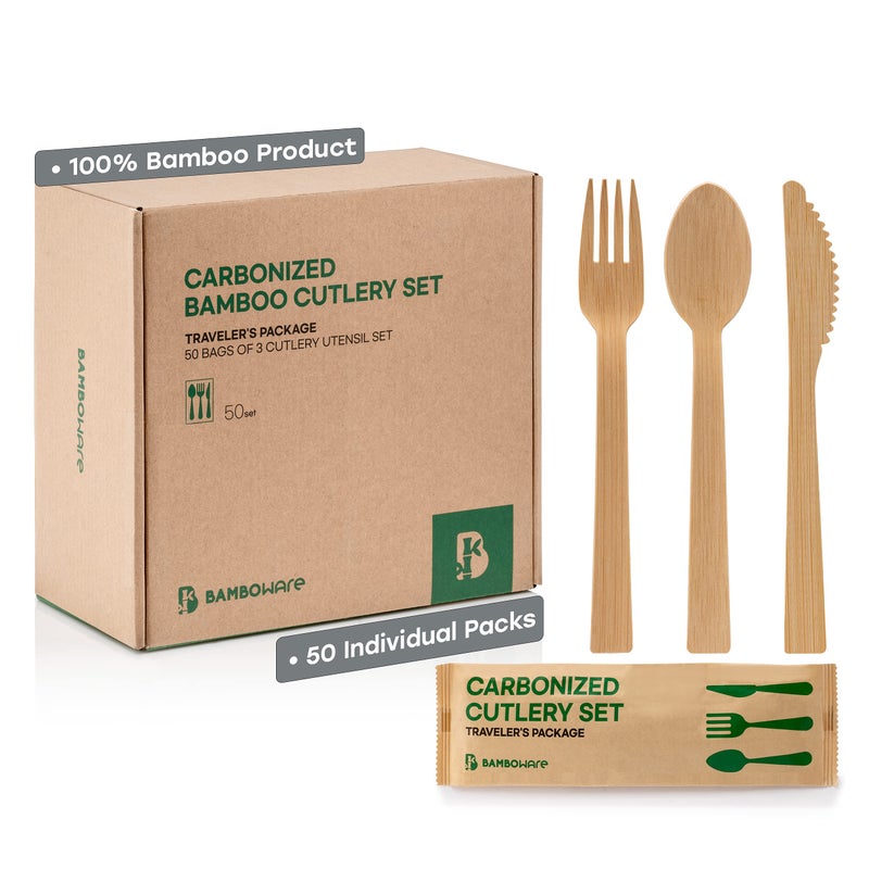 100 Bamboo Utensils Carbonized Disposable Cutlery Biodegradable and Sanitized Heavy Duty Fully Functional Traveler Set 150 Pieces 50 Sets