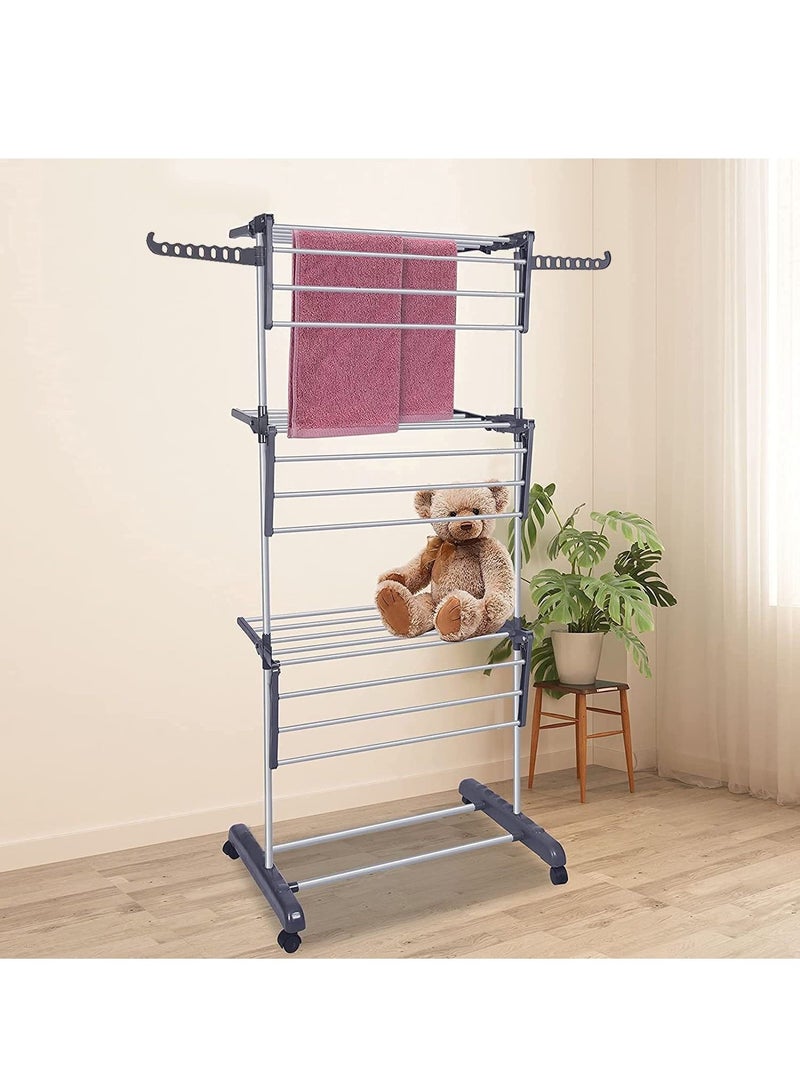 Clothes Drying Rack Folding Clothes Rail 3 Tier Clothes Horses Rack Stainless Steel Laundry Garment Dryer Stand with Two Side Wings - Image 1