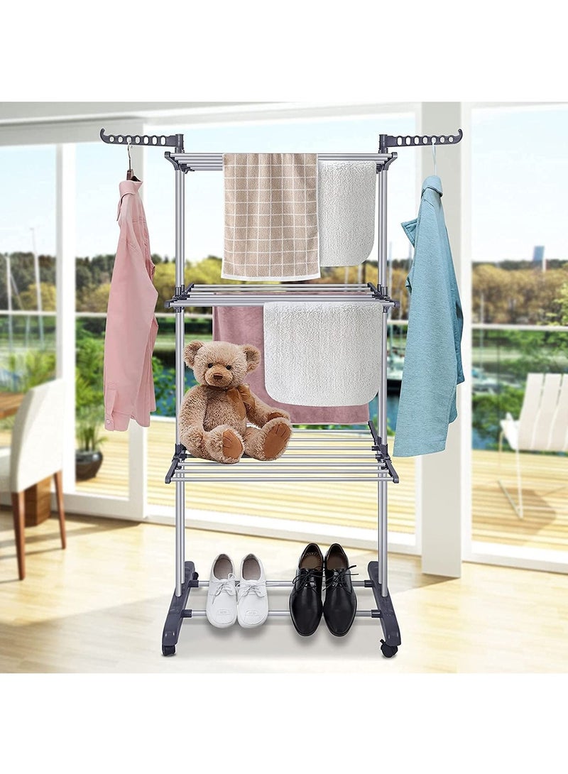 Clothes Drying Rack Folding Clothes Rail 3 Tier Clothes Horses Rack Stainless Steel Laundry Garment Dryer Stand with Two Side Wings - Image 3