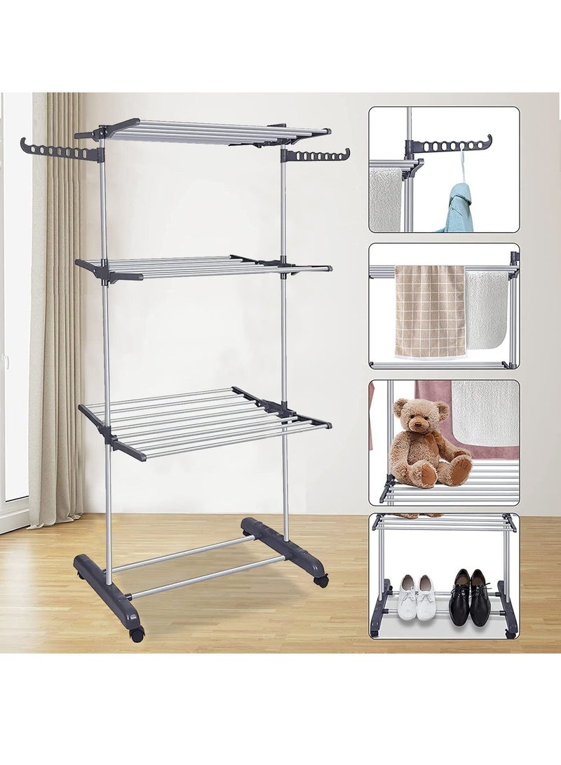 Clothes Drying Rack Folding Clothes Rail 3 Tier Clothes Horses Rack Stainless Steel Laundry Garment Dryer Stand with Two Side Wings - Image 2