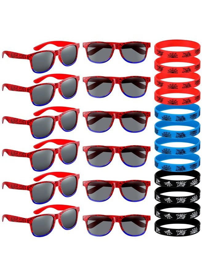 Kingdder 24 Pcs Spider Web Sunglasses and Silicone Wristbands Bracelets Spider Birthday Theme Party Favors Black Red Blue Party Decorations Supplies Gifts - Image 1
