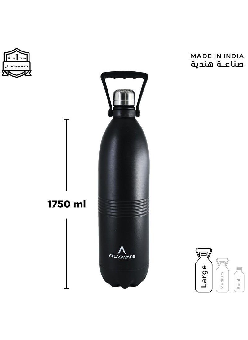 Atlasware - Water bottle with a capacity of 1750ml, stainless steel water bottle that keeps cold for 100 hours and keeps heat for 45 hours, Black - Image 1