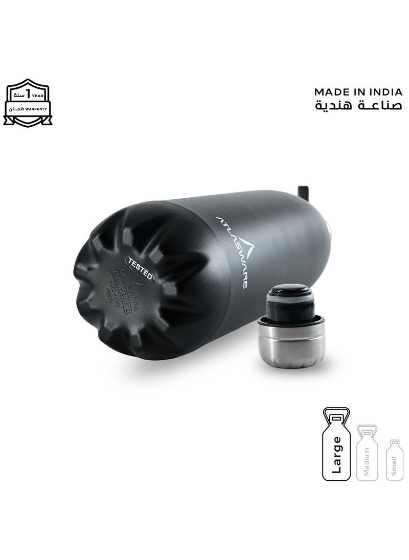 Atlasware - Water bottle with a capacity of 1750ml, stainless steel water bottle that keeps cold for 100 hours and keeps heat for 45 hours, Black - Image 1