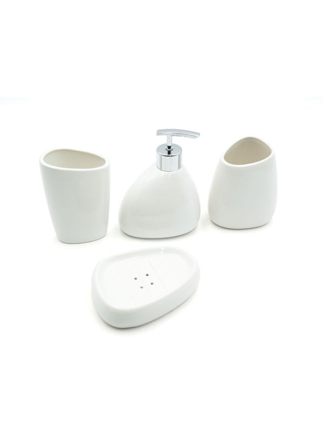 بيرام طقم إكسسوارات حمام بيرهام 4 قطع – تصميم سيراميكي بشكل كمثرى بسيط مع لمسة ديكور أنيقة ولامعة، يشمل موزع سائل، كوبين للحمام، وصحن صابون (أبيض) (طقم 4 قطع). - Image 1