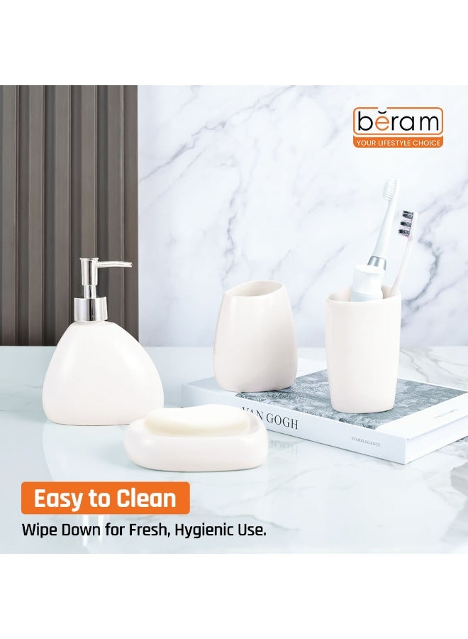 بيرام طقم إكسسوارات حمام بيرهام 4 قطع – تصميم سيراميكي بشكل كمثرى بسيط مع لمسة ديكور أنيقة ولامعة، يشمل موزع سائل، كوبين للحمام، وصحن صابون (أبيض) (طقم 4 قطع). - Image 4