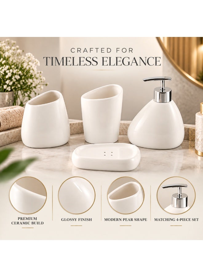 BERAM 4-Piece Ceramic Bathroom Accessory Set with Soap Dispenser, Soap Dish & Toothbrush Tumblers, White Countertop Organizer - Image 3