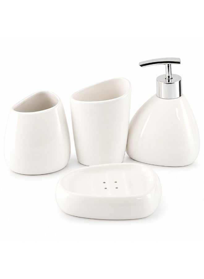 BERAM 4-Piece Ceramic Bathroom Accessory Set with Soap Dispenser, Soap Dish & Toothbrush Tumblers, White Countertop Organizer - Image 1