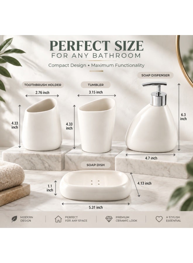 BERAM 4-Piece Ceramic Bathroom Accessory Set with Soap Dispenser, Soap Dish & Toothbrush Tumblers, White Countertop Organizer - Image 2