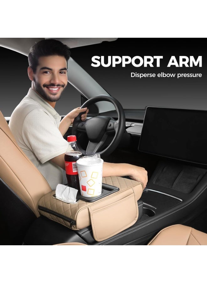 Arabest Car Center Console Cover, Leather Armrest Cover for Car, Universal Middle Console Cushion with Storage Box, Cup Holder, Tissue Box & Phone Slot, Luxury Waterproof Interior Accessories, Beige - Image 3