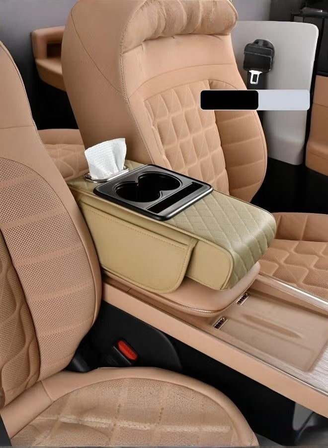 Arabest Car Center Console Cover, Leather Armrest Cover for Car, Universal Middle Console Cushion with Storage Box, Cup Holder, Tissue Box & Phone Slot, Luxury Waterproof Interior Accessories, Beige - Image 1