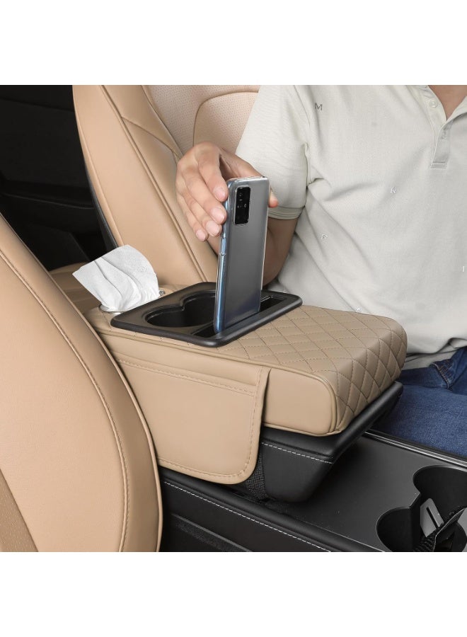 Arabest Car Center Console Cover, Leather Armrest Cover for Car, Universal Middle Console Cushion with Storage Box, Cup Holder, Tissue Box & Phone Slot, Luxury Waterproof Interior Accessories, Beige - Image 4