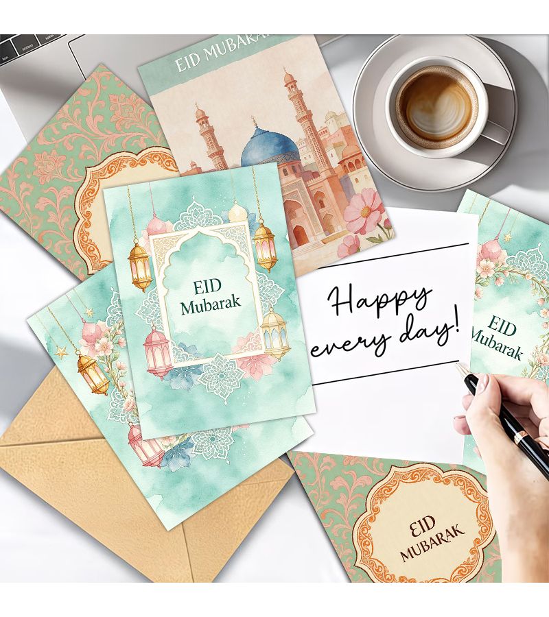 16pcs Envelope Set Islamic Greeting Cards With Envelopes For Eid Al Fitr Eid Al Adha Arabic Calligraphy EID MUBARAK Blessing Floral Mosque Card For Ramadan Gifts Weddings Graduations Office Use - Image 5