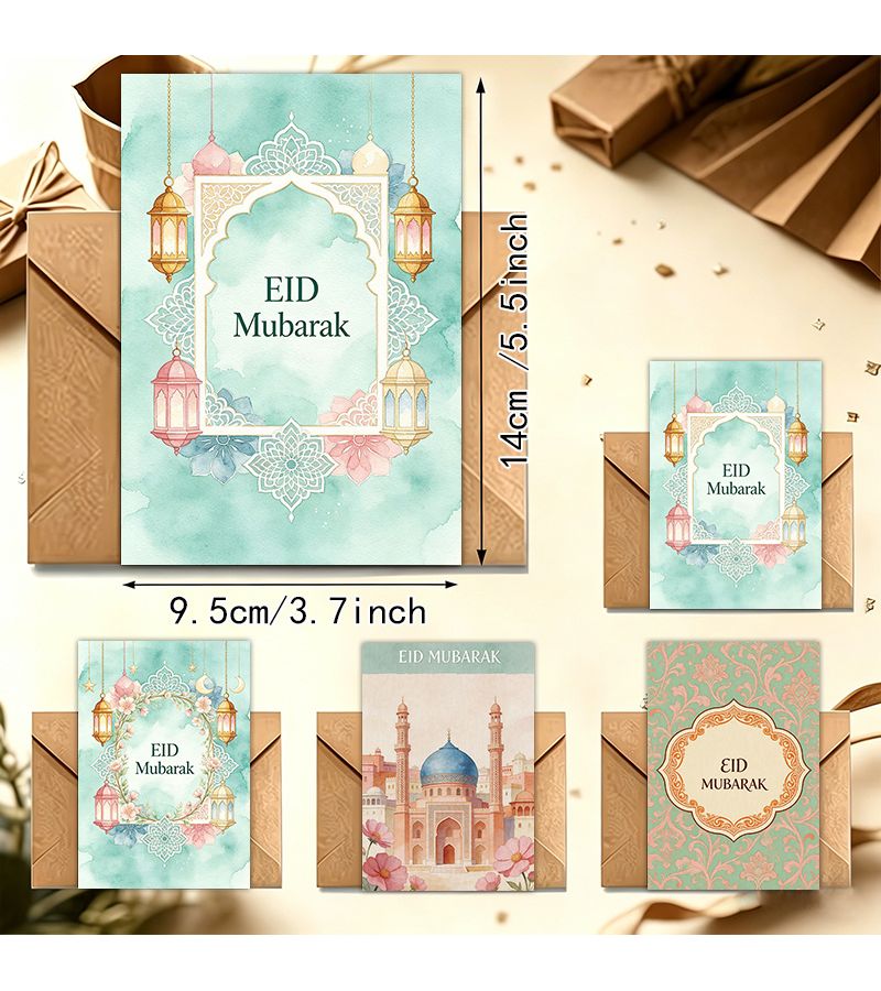 16pcs Envelope Set Islamic Greeting Cards With Envelopes For Eid Al Fitr Eid Al Adha Arabic Calligraphy EID MUBARAK Blessing Floral Mosque Card For Ramadan Gifts Weddings Graduations Office Use - Image 2