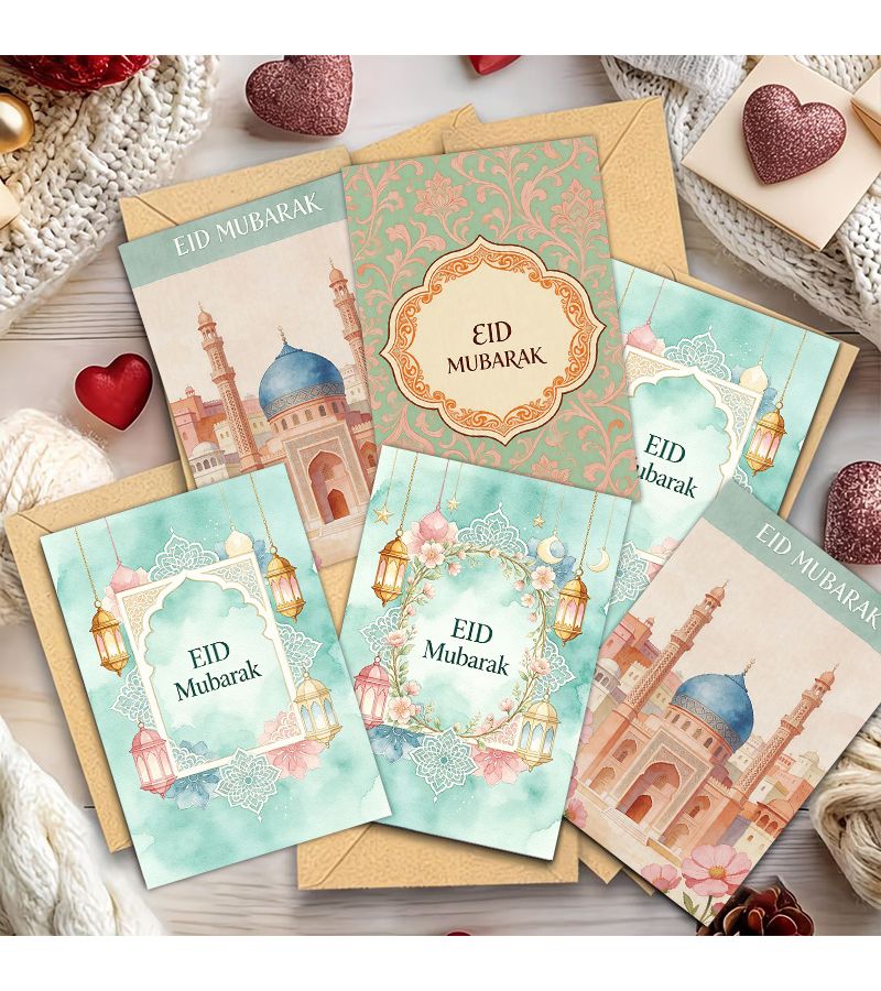 16pcs Envelope Set Islamic Greeting Cards With Envelopes For Eid Al Fitr Eid Al Adha Arabic Calligraphy EID MUBARAK Blessing Floral Mosque Card For Ramadan Gifts Weddings Graduations Office Use - Image 1