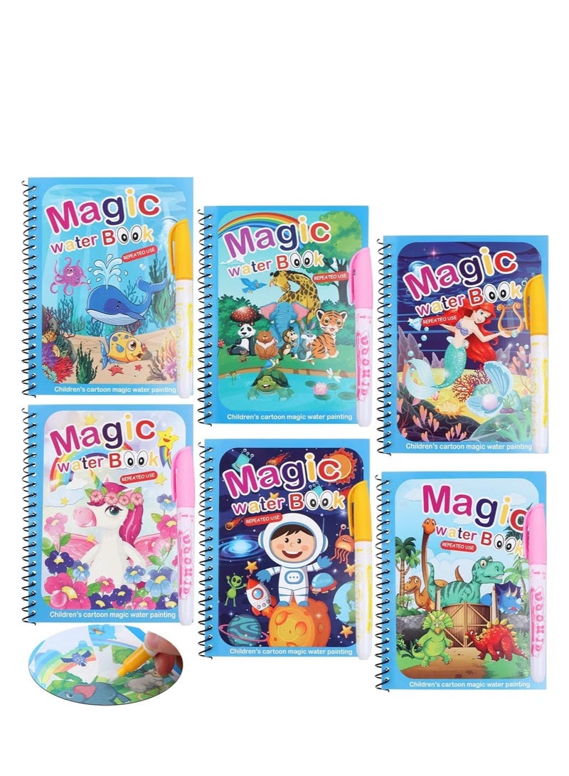 6 Pack Magic Water Coloring Book, Magic Painting Books with Water Pen Mess Free Coloring Books for Toddler 2-4Years Reusable Coloring Book-Children - Image 1