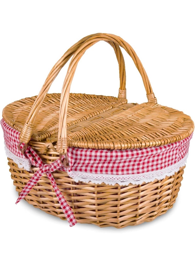 Arabest Wicker Picnic Basket with Liner Split Lid, Picnic Hamper Hand Woven Flower Basket with Folding Handle for Outdoor Picnic Camping (26*18*15 cm) - Image 1
