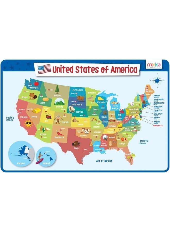 merka Kids Placemat Silicone Placemat Map Placemats for Kids Reusable US Geography Map and The Capitals of All 50 States - Image 1