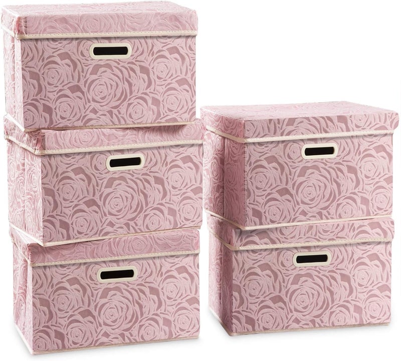 PRANDOM Collapsible Storage Boxes with Lids [5-Pack] Fabric Decorative Storage Bins Cubes Organizer Containers Baskets with Cover Handles Divider for Bedroom Closet Living Room Pink 14.9x9.8x9.8 Inch - Image 1
