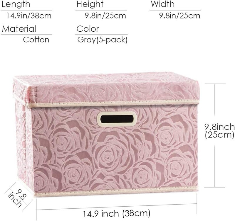 PRANDOM Collapsible Storage Boxes with Lids [5-Pack] Fabric Decorative Storage Bins Cubes Organizer Containers Baskets with Cover Handles Divider for Bedroom Closet Living Room Pink 14.9x9.8x9.8 Inch - Image 5