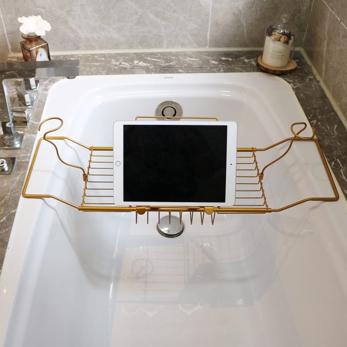 BATHTUB TRAY CADDY FOR LUXURY BATH EXPANDABLE EXTRA WIDE BATH TUB TRAY WITH WINE GLASS HOLDER SOAP ACCESSARIES HOLDER LAPTOP READING AND ORGANIZER IDEAL FOR HOME SPA LOVER COPPER