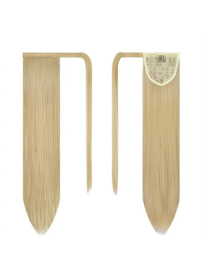 BARSDAR 24 inch Ponytail Extension Long Straight Wrap Around Clip in Synthetic Fiber Hair for Women - Light Blonde mix Bleach Blonde Evenly  - Image 2