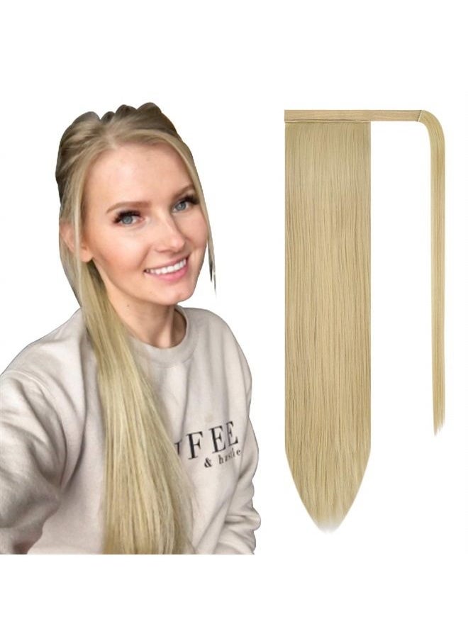 BARSDAR 24 inch Ponytail Extension Long Straight Wrap Around Clip in Synthetic Fiber Hair for Women - Light Blonde mix Bleach Blonde Evenly  - Image 1