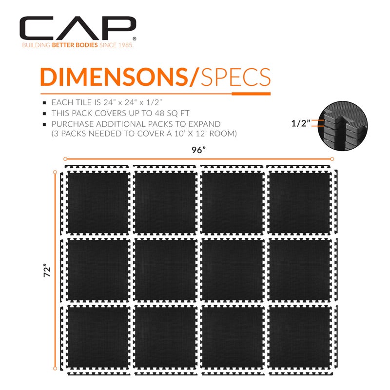 CAP Barbell 1/2-Inch Interlocking EVA Foam Exercise Puzzle Mat Home Gym Flooring - 2 Pack | 24" x 24" x 1/2" | T Pattern - Black - Image 4