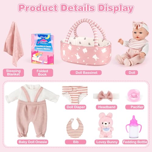 Dreamon 12 Baby Doll Playset with Carrier Bassinet Bed 11PCS Baby Doll Accessories Includes Pacifier Blanket Pillow Diaper Pretend Play Set Baby Doll Care Toys Gifts for Kids Girls - Image 5