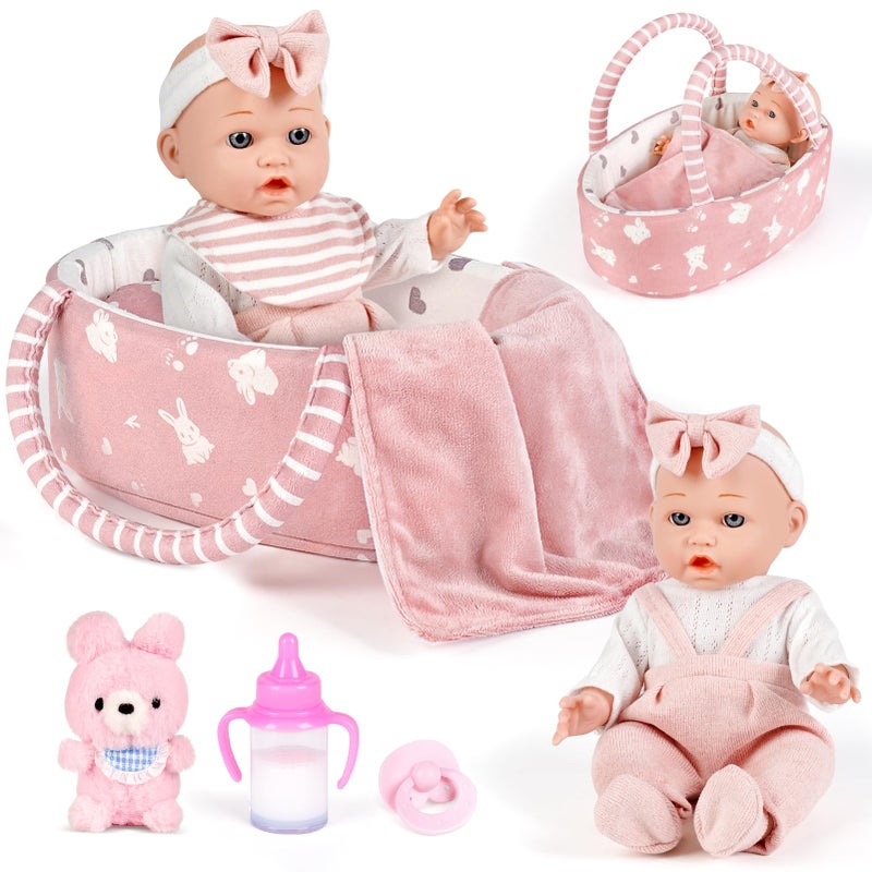 Dreamon 12 Baby Doll Playset with Carrier Bassinet Bed 11PCS Baby Doll Accessories Includes Pacifier Blanket Pillow Diaper Pretend Play Set Baby Doll Care Toys Gifts for Kids Girls - Image 3