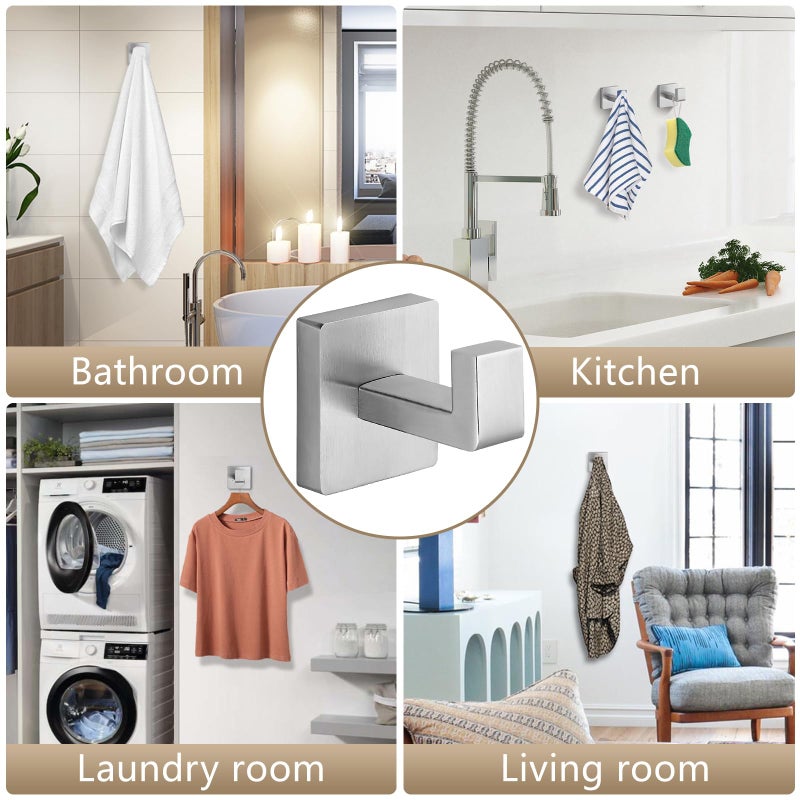 Fenas Heavy Duty Stainless Steel Towel Hooks, Wall Mounted Square Robe Hooks for Bathroom, Kitchen, Bedroom, Hotel Brushed Nickel 2 Pack - Image 5