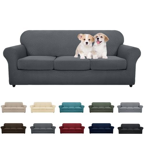 MAXIJIN 4 Piece Couch Covers for 3 Cushion Couch Super Stretch Non Slip Couch Cover for Dogs Pet Friendly Elastic Jacquard Furniture Protector Sofa Slipcovers Sofa Dark Gray